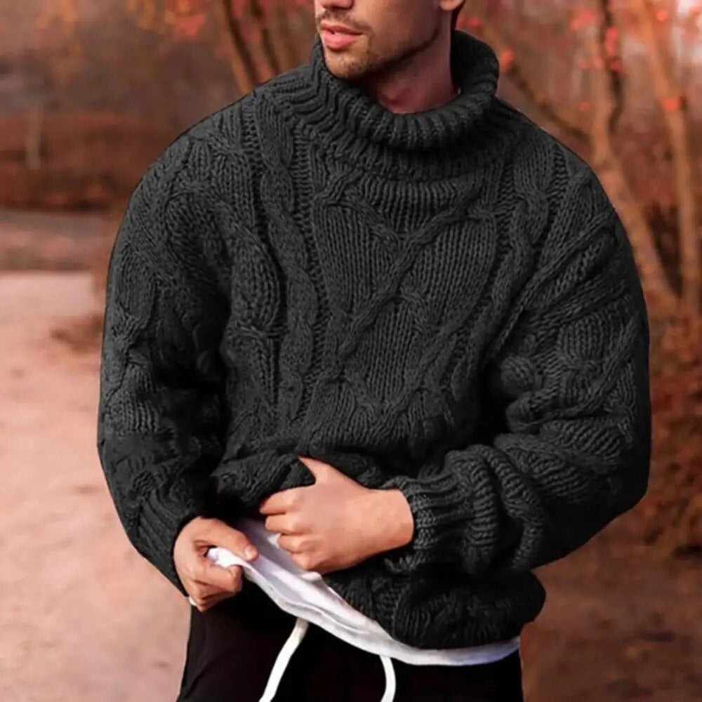 Men's Sweater Fashion Twist Braid Autumn Winter Knit Sweater Solid Color Cotton Warm Slim Fit Turtle-Neck Jumper Pullover свитер