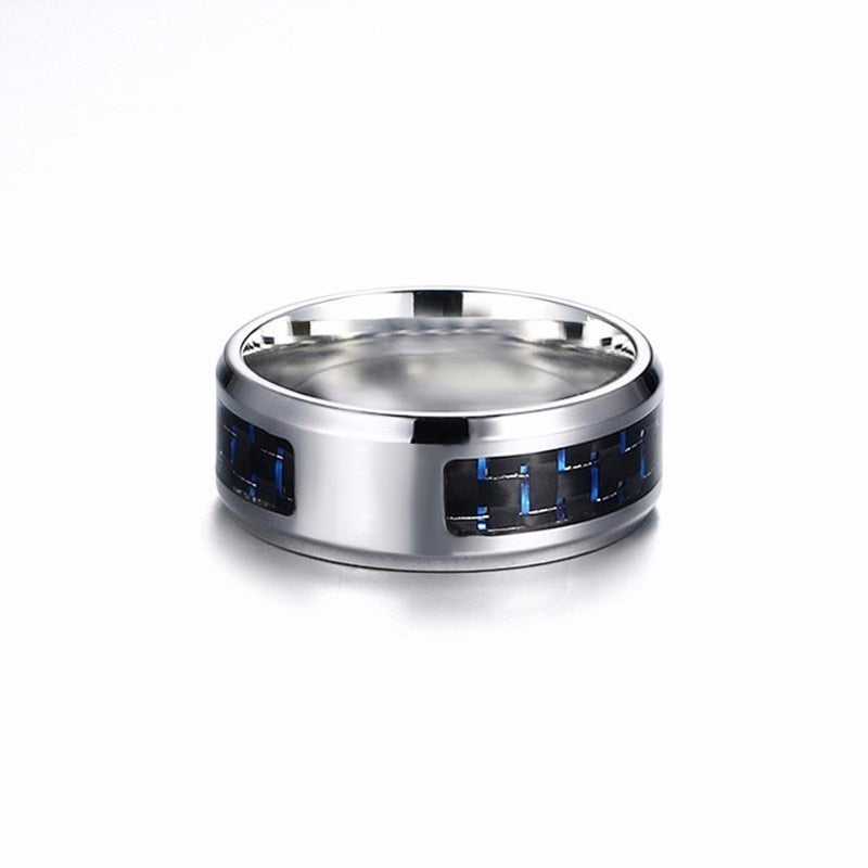 Laser Engraved Wolf Men Ring for Men Stainless Steel Blue Carbon Fibre 8mm Wedding Band