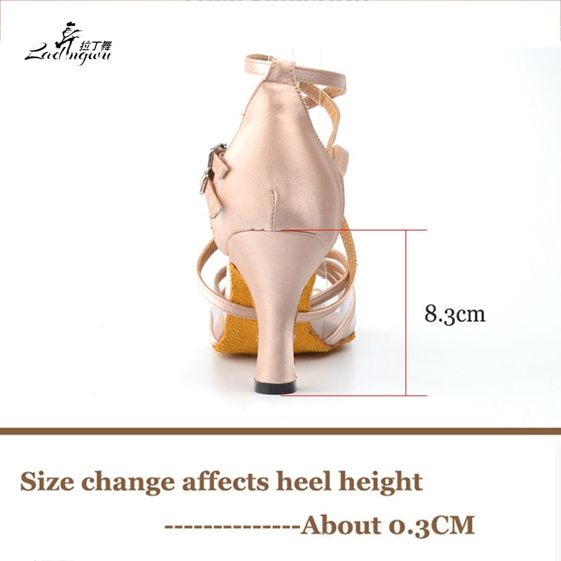 Ladingwu New Brand Satin and Mesh Color Khaki Latin Dance Shoes For Women's High Heel Shoes Ballroom Salsa Party Dance Shoes