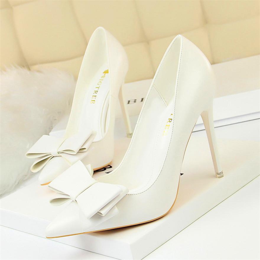 Fashion Sweet Bowknot Slip-on Women Shoes Soft Leather Shallow Pointed Office Shoes Women Pumps Autumn Fashion High Heels Shoes