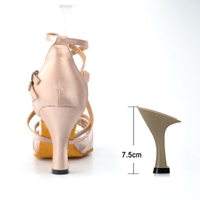 Ladingwu New Brand Satin and Mesh Color Khaki Latin Dance Shoes For Women's High Heel Shoes Ballroom Salsa Party Dance Shoes