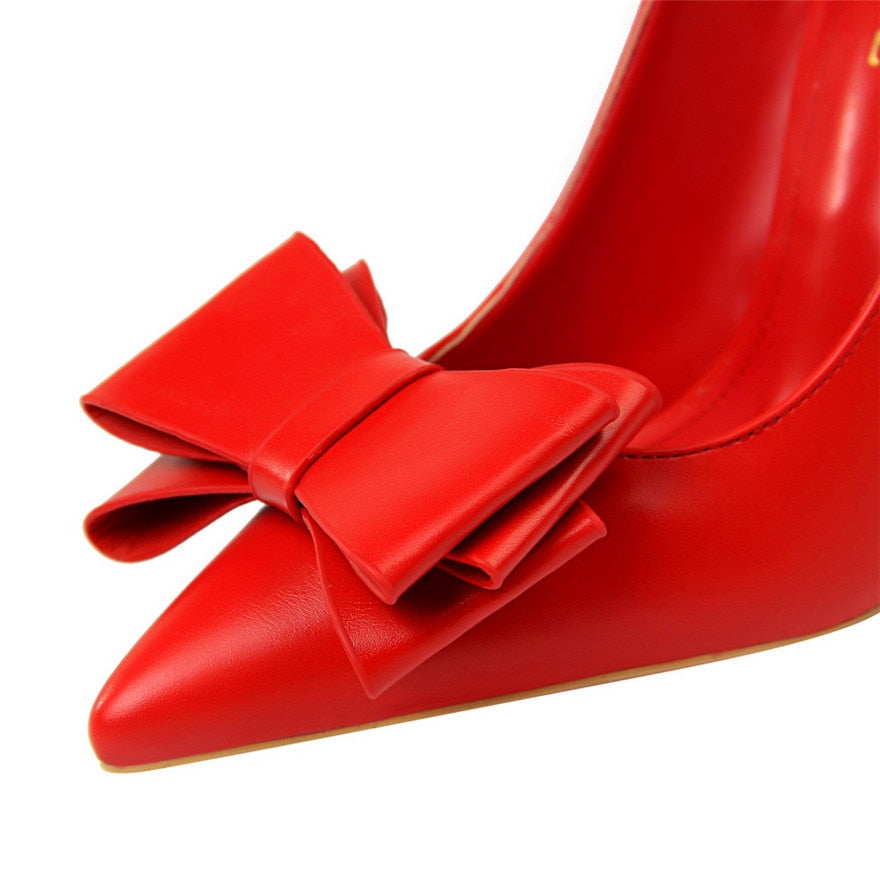 Fashion Sweet Bowknot Slip-on Women Shoes Soft Leather Shallow Pointed Office Shoes Women Pumps Autumn Fashion High Heels Shoes