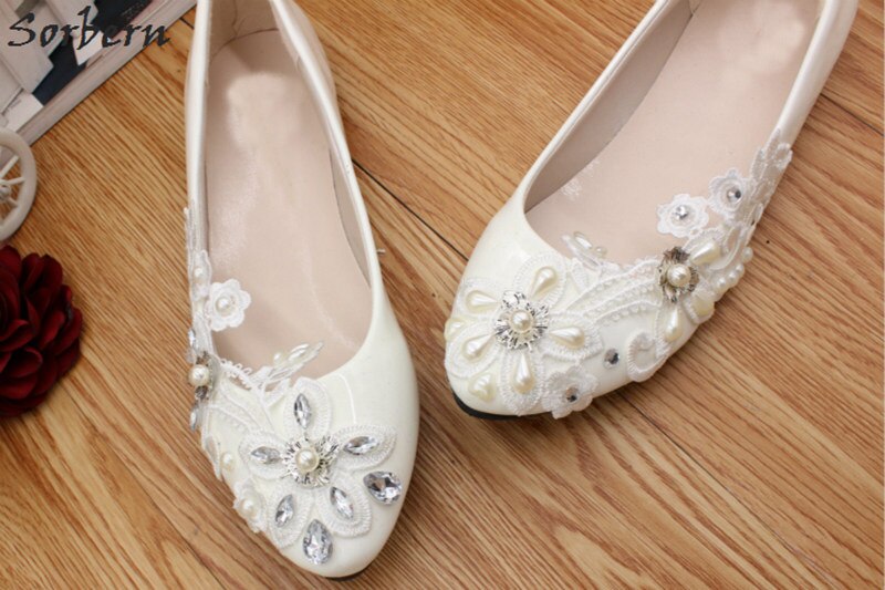 Sorbern Asymmetric Crystal Wedding Shoes Lace Appliques White Bridal Shoes Flat Heels Trendy Heels Closed Toe Heels Flats Shoes