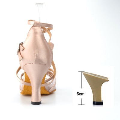 Ladingwu New Brand Satin and Mesh Color Khaki Latin Dance Shoes For Women's High Heel Shoes Ballroom Salsa Party Dance Shoes