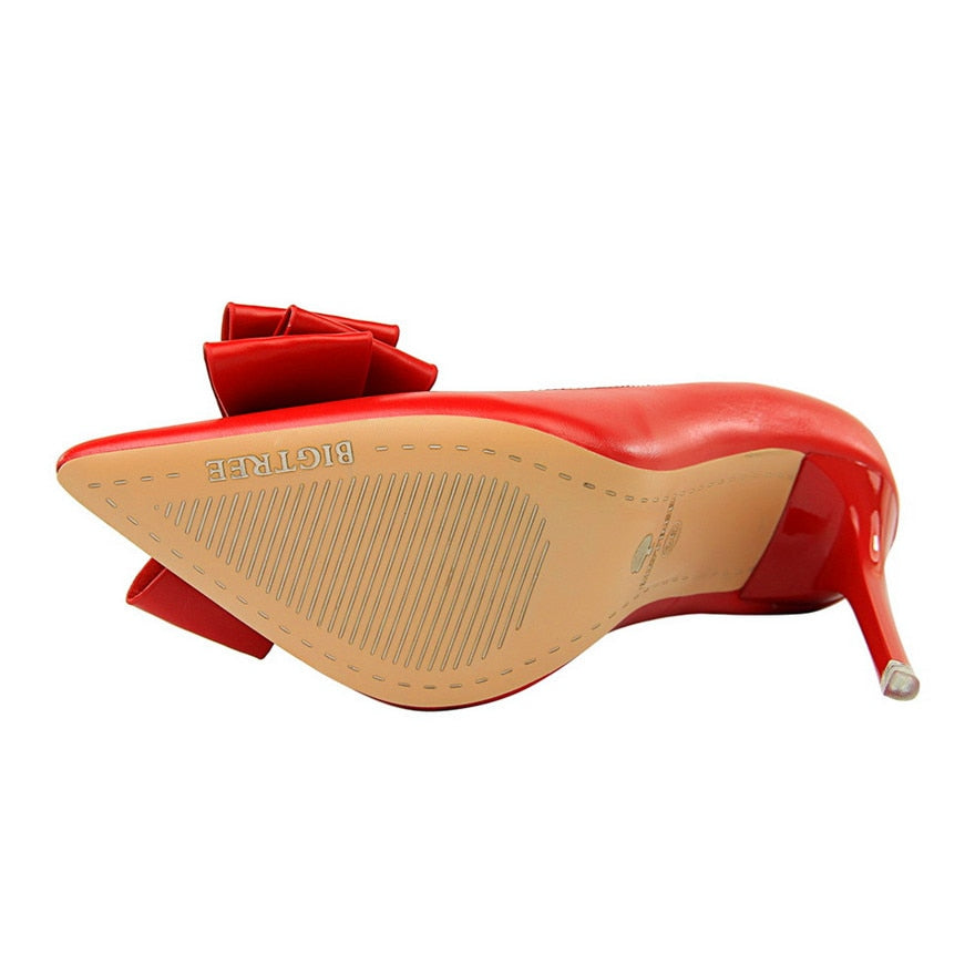 Fashion Sweet Bowknot Slip-on Women Shoes Soft Leather Shallow Pointed Office Shoes Women Pumps Autumn Fashion High Heels Shoes