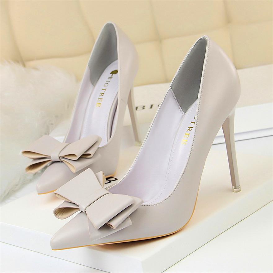 Fashion Sweet Bowknot Slip-on Women Shoes Soft Leather Shallow Pointed Office Shoes Women Pumps Autumn Fashion High Heels Shoes