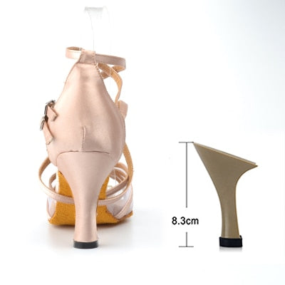 Ladingwu New Brand Satin and Mesh Color Khaki Latin Dance Shoes For Women's High Heel Shoes Ballroom Salsa Party Dance Shoes