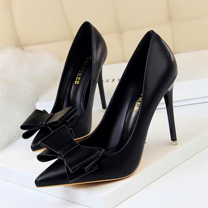 Fashion Sweet Bowknot Slip-on Women Shoes Soft Leather Shallow Pointed Office Shoes Women Pumps Autumn Fashion High Heels Shoes