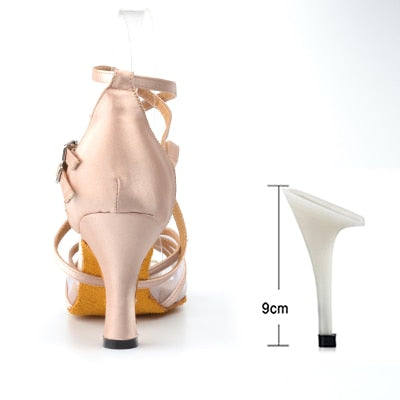 Ladingwu New Brand Satin and Mesh Color Khaki Latin Dance Shoes For Women's High Heel Shoes Ballroom Salsa Party Dance Shoes