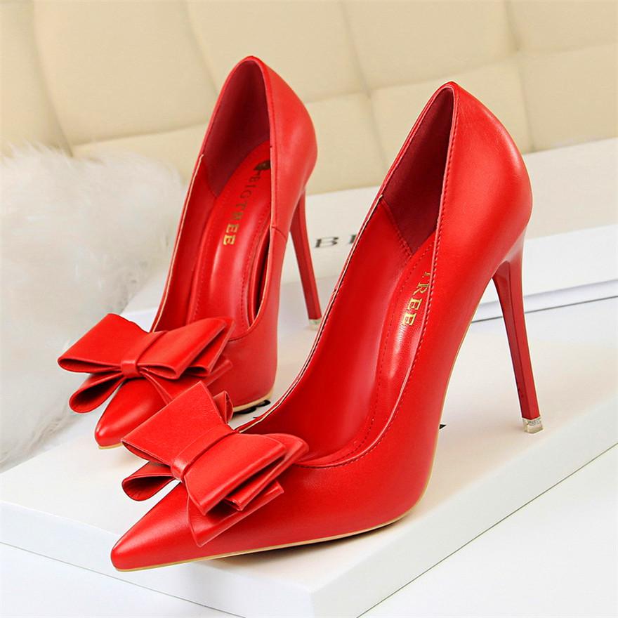 Fashion Sweet Bowknot Slip-on Women Shoes Soft Leather Shallow Pointed Office Shoes Women Pumps Autumn Fashion High Heels Shoes