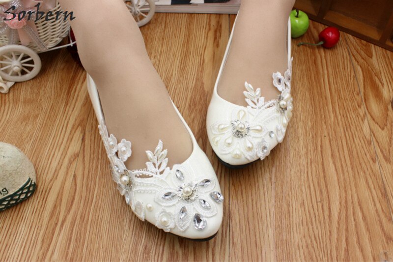 Sorbern Asymmetric Crystal Wedding Shoes Lace Appliques White Bridal Shoes Flat Heels Trendy Heels Closed Toe Heels Flats Shoes