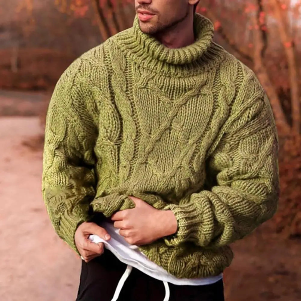 Men's Sweater Fashion Twist Braid Autumn Winter Knit Sweater Solid Color Cotton Warm Slim Fit Turtle-Neck Jumper Pullover свитер
