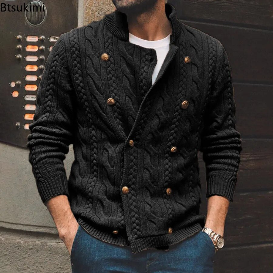 New 2023 Autumn Winter Knitted Cardigan Men Double Breasted Sweater Coat Male Streetwear Winter Warm Turtleneck Men Clothing