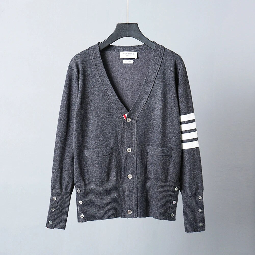 Mens TB Fashion Brand Sweaters Boys Slim Fit V-Neck Striped Cardigans Clothing Striped Cotton Wool Casual Coat England Style