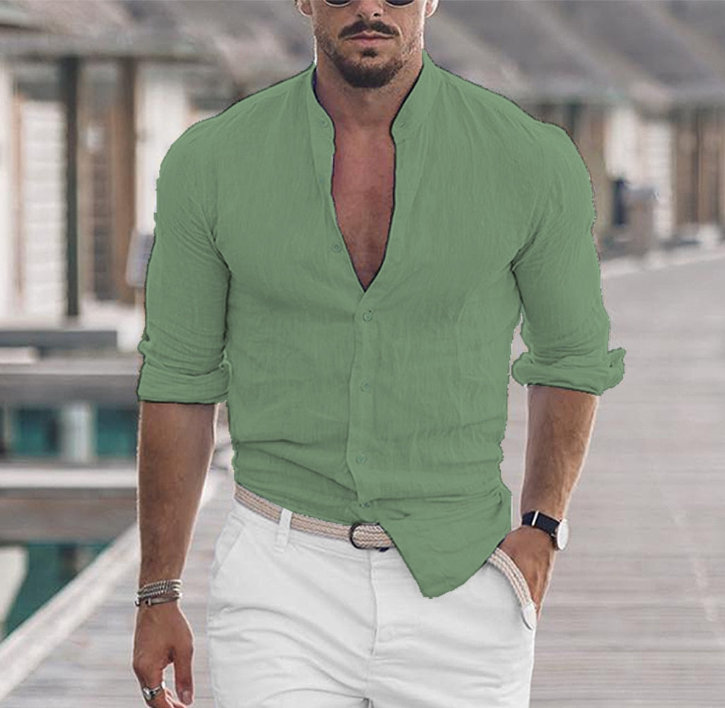 Men's Casual Cotton Linen Shirt Mock Neck Solid Long Sleeve Loose Top Spring and Autumn Handsome Fashion Shirt