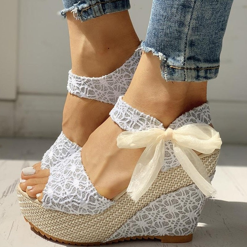 hot lace  Women Wedges heeled women Shoes  Summer Sandals Party Platform High Heels Shoes Woman