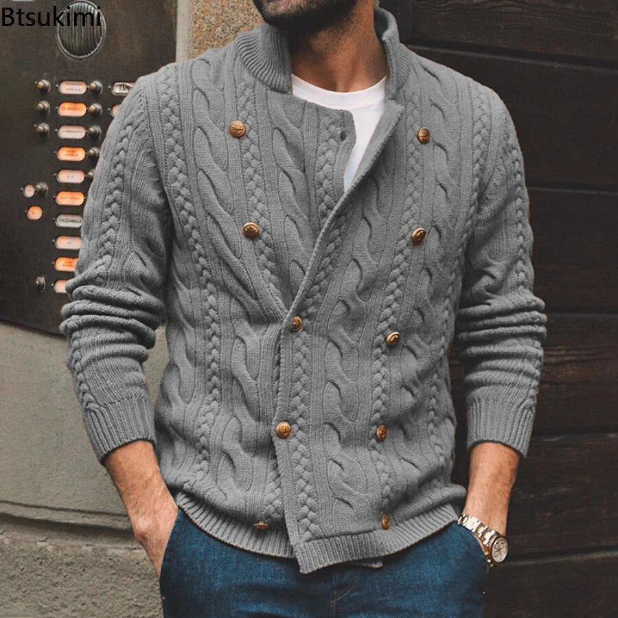 New 2023 Autumn Winter Knitted Cardigan Men Double Breasted Sweater Coat Male Streetwear Winter Warm Turtleneck Men Clothing