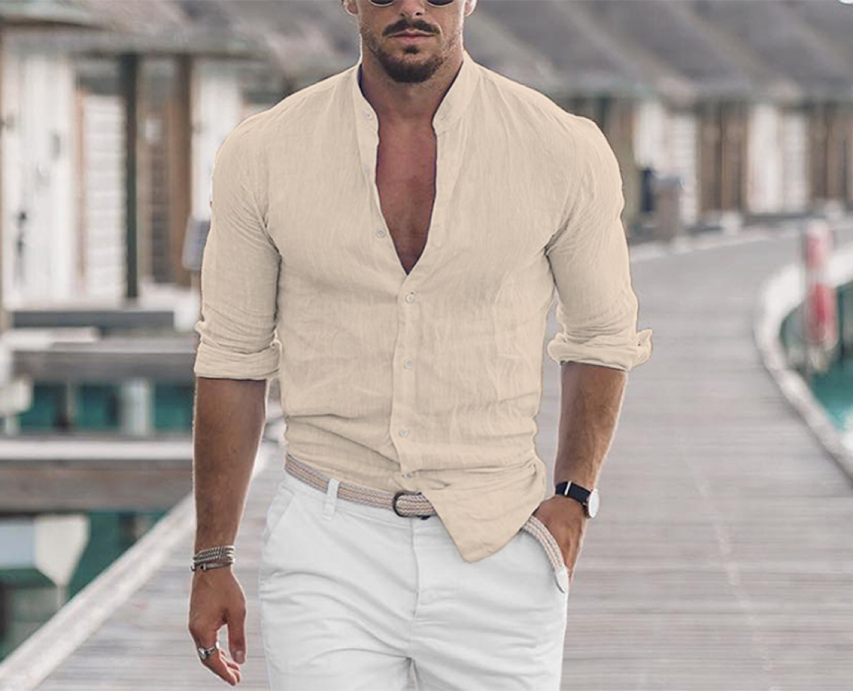 Men's Casual Cotton Linen Shirt Mock Neck Solid Long Sleeve Loose Top Spring and Autumn Handsome Fashion Shirt