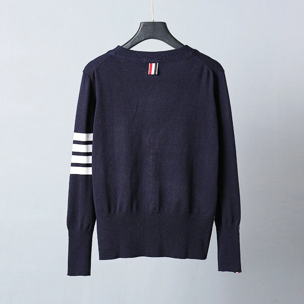 Mens TB Fashion Brand Sweaters Boys Slim Fit V-Neck Striped Cardigans Clothing Striped Cotton Wool Casual Coat England Style