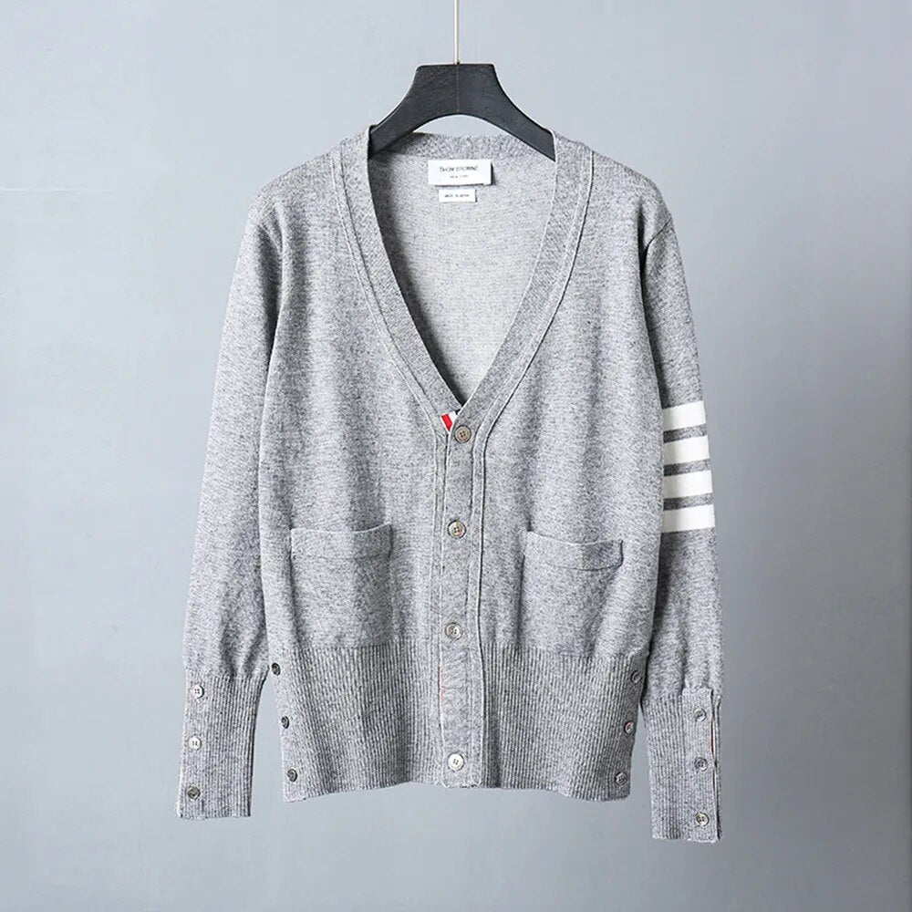 Mens TB Fashion Brand Sweaters Boys Slim Fit V-Neck Striped Cardigans Clothing Striped Cotton Wool Casual Coat England Style