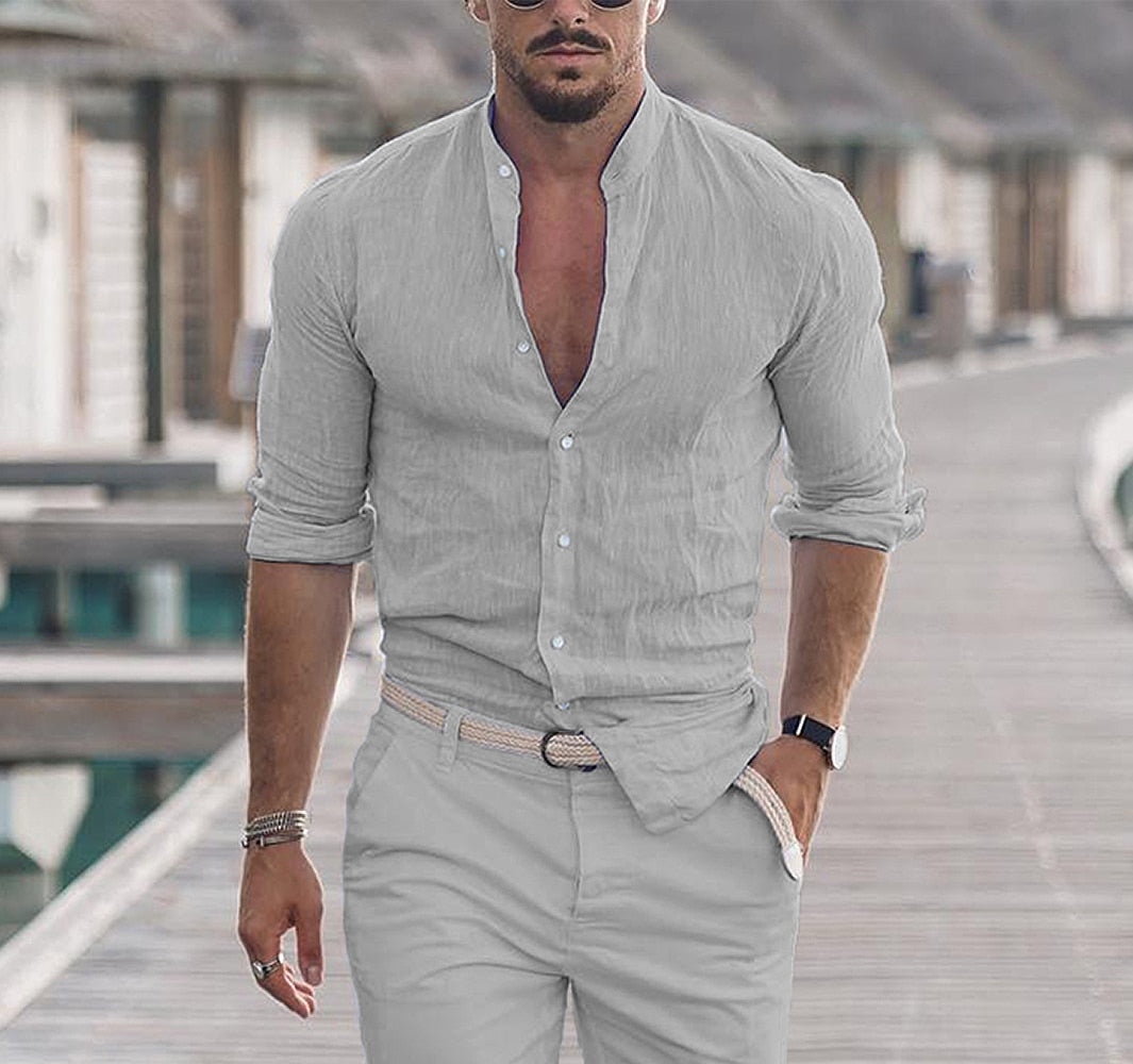 Men's Casual Cotton Linen Shirt Mock Neck Solid Long Sleeve Loose Top Spring and Autumn Handsome Fashion Shirt