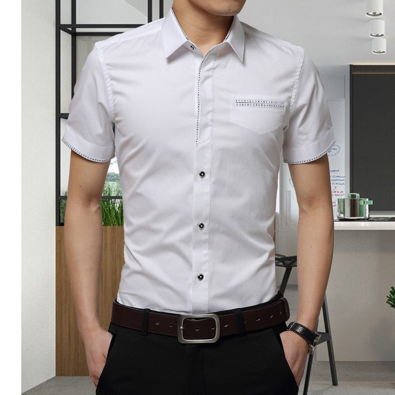 Summer New Men's Shirt Brand Luxury Men Cotton Short Sleeves Dress Shirt Turn-down Collar Cardigan Shirt Men Clothes