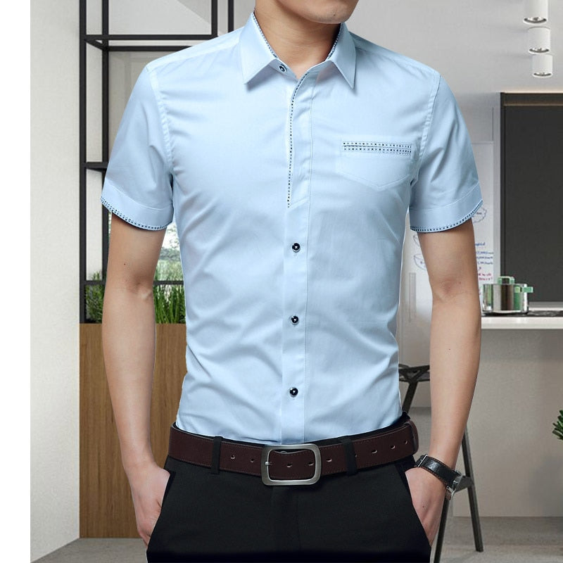 Summer New Men's Shirt Brand Luxury Men Cotton Short Sleeves Dress Shirt Turn-down Collar Cardigan Shirt Men Clothes