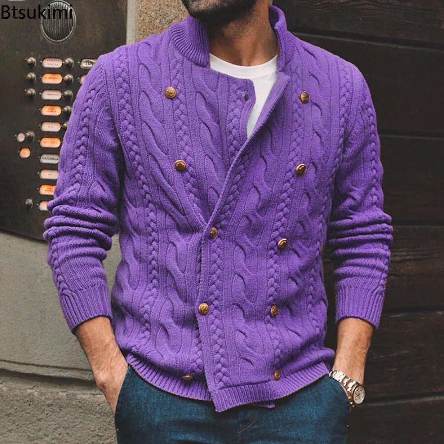 New 2023 Autumn Winter Knitted Cardigan Men Double Breasted Sweater Coat Male Streetwear Winter Warm Turtleneck Men Clothing