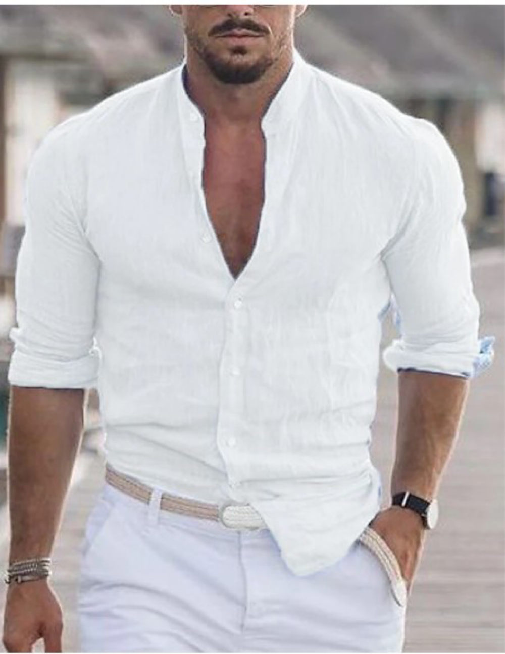 Men's Casual Cotton Linen Shirt Mock Neck Solid Long Sleeve Loose Top Spring and Autumn Handsome Fashion Shirt
