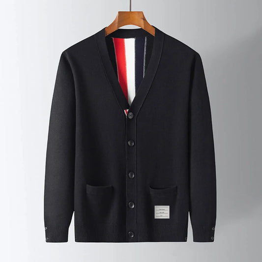 Mens Cardigan Luxury TB Fashion Brand Thom 3 Bar Funmix Jacquard Sweaters Males V-Neck Striped Street Fashion Wear Cardigan