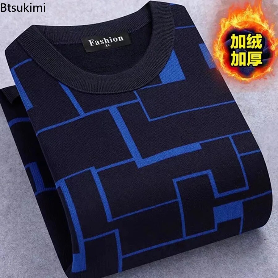 New Autumn Winter Man Fleece Shirt-collar Sweater Fashion Grid Solid Thicken Warm Sweater Male Plus Velvet Thicken Sweater L-4XL