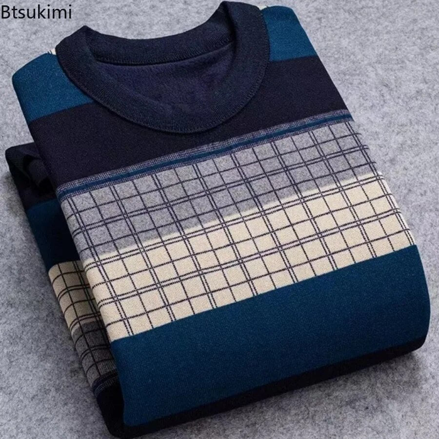 New Autumn Winter Man Fleece Shirt-collar Sweater Fashion Grid Solid Thicken Warm Sweater Male Plus Velvet Thicken Sweater L-4XL