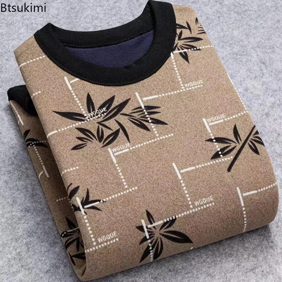 New Autumn Winter Man Fleece Shirt-collar Sweater Fashion Grid Solid Thicken Warm Sweater Male Plus Velvet Thicken Sweater L-4XL