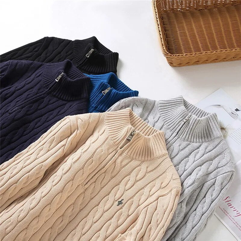 Brand Pullover Sweaters Mens Warm Knitted Sweater Solid Fashion Turtleneck Sweaters Half Zip 100% Cotton Winter Coat Casual 8509