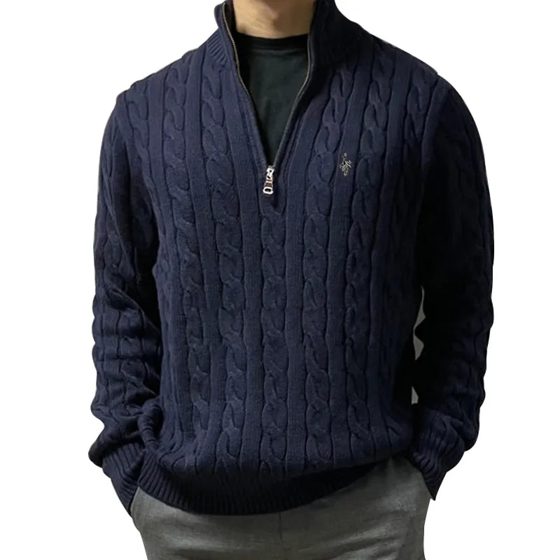 Brand Pullover Sweaters Mens Warm Knitted Sweater Solid Fashion Turtleneck Sweaters Half Zip 100% Cotton Winter Coat Casual 8509