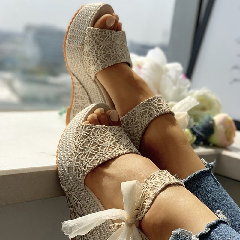 hot lace  Women Wedges heeled women Shoes  Summer Sandals Party Platform High Heels Shoes Woman