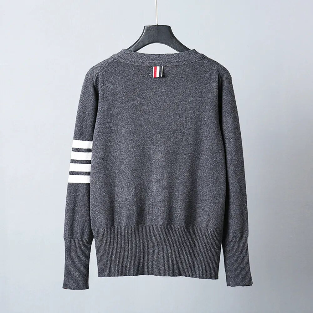 Mens TB Fashion Brand Sweaters Boys Slim Fit V-Neck Striped Cardigans Clothing Striped Cotton Wool Casual Coat England Style