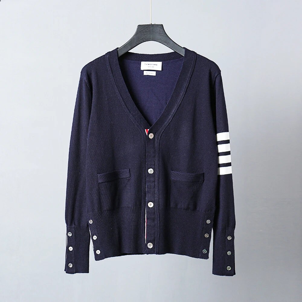 Mens TB Fashion Brand Sweaters Boys Slim Fit V-Neck Striped Cardigans Clothing Striped Cotton Wool Casual Coat England Style