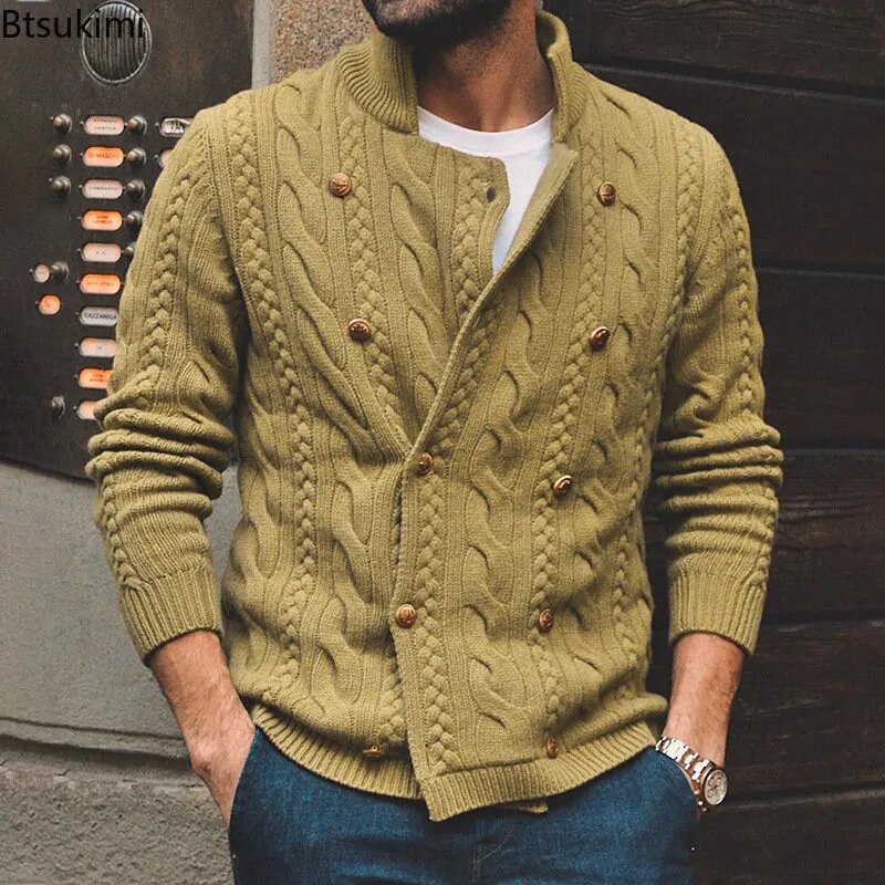 New 2023 Autumn Winter Knitted Cardigan Men Double Breasted Sweater Coat Male Streetwear Winter Warm Turtleneck Men Clothing
