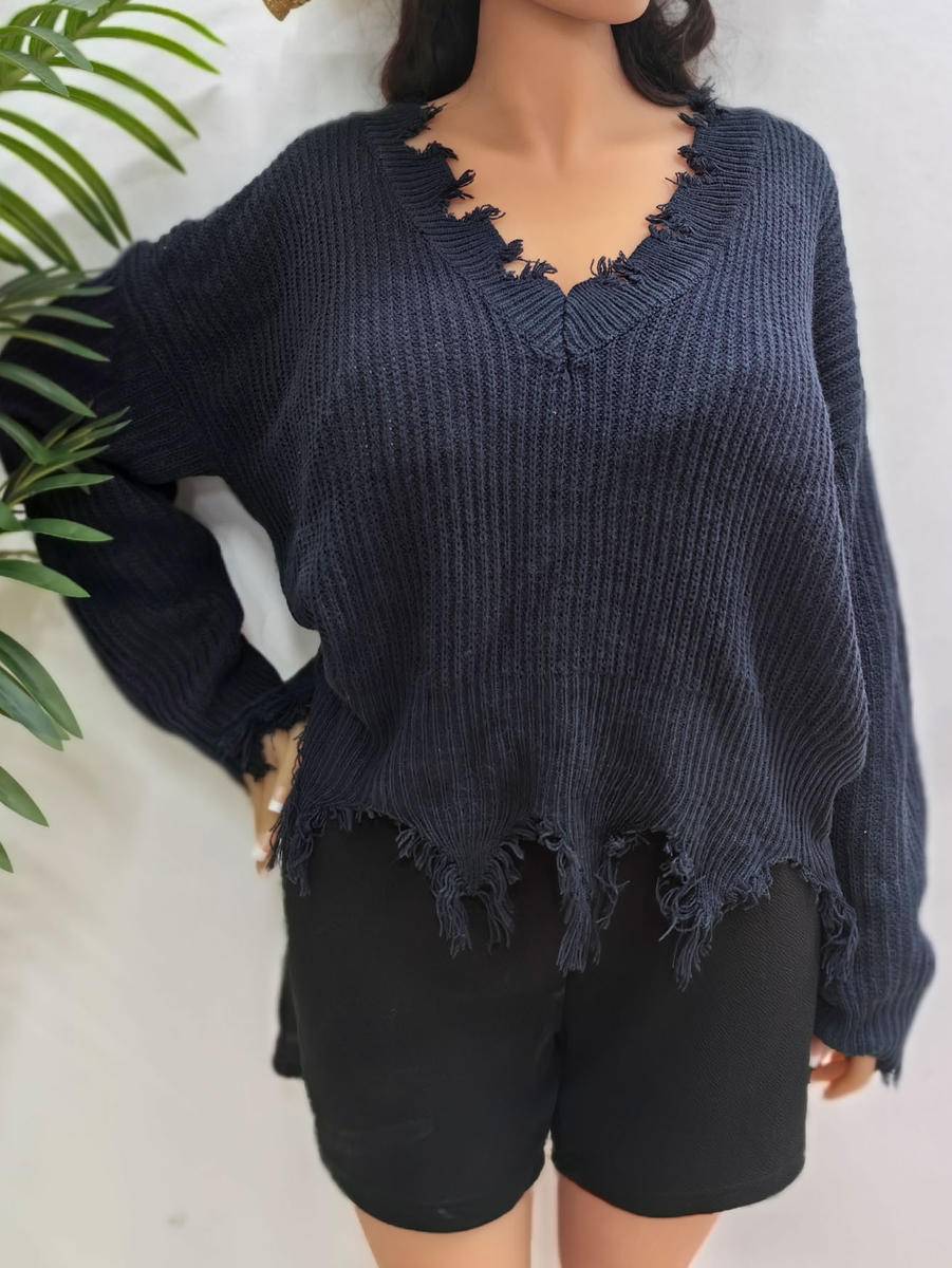 Solid Plus Size V Neck Long Sleeve Raw Hem Sweater
