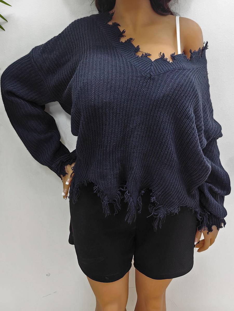 Solid Plus Size V Neck Long Sleeve Raw Hem Sweater