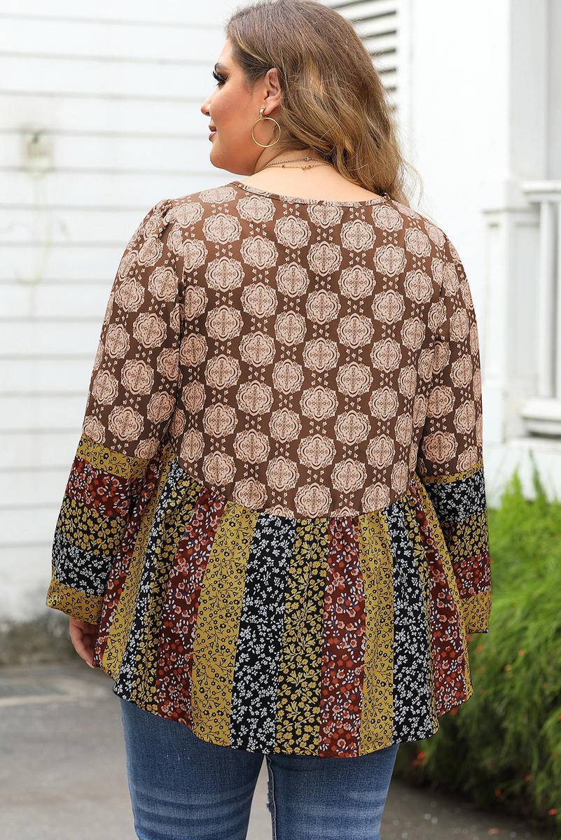 Mix Floral Striped Ethnic Splicing Plus Size Blouse