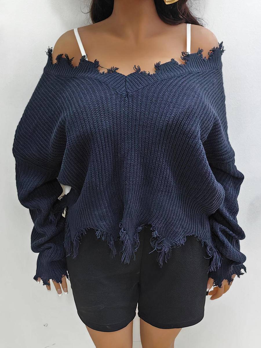 Solid Plus Size V Neck Long Sleeve Raw Hem Sweater