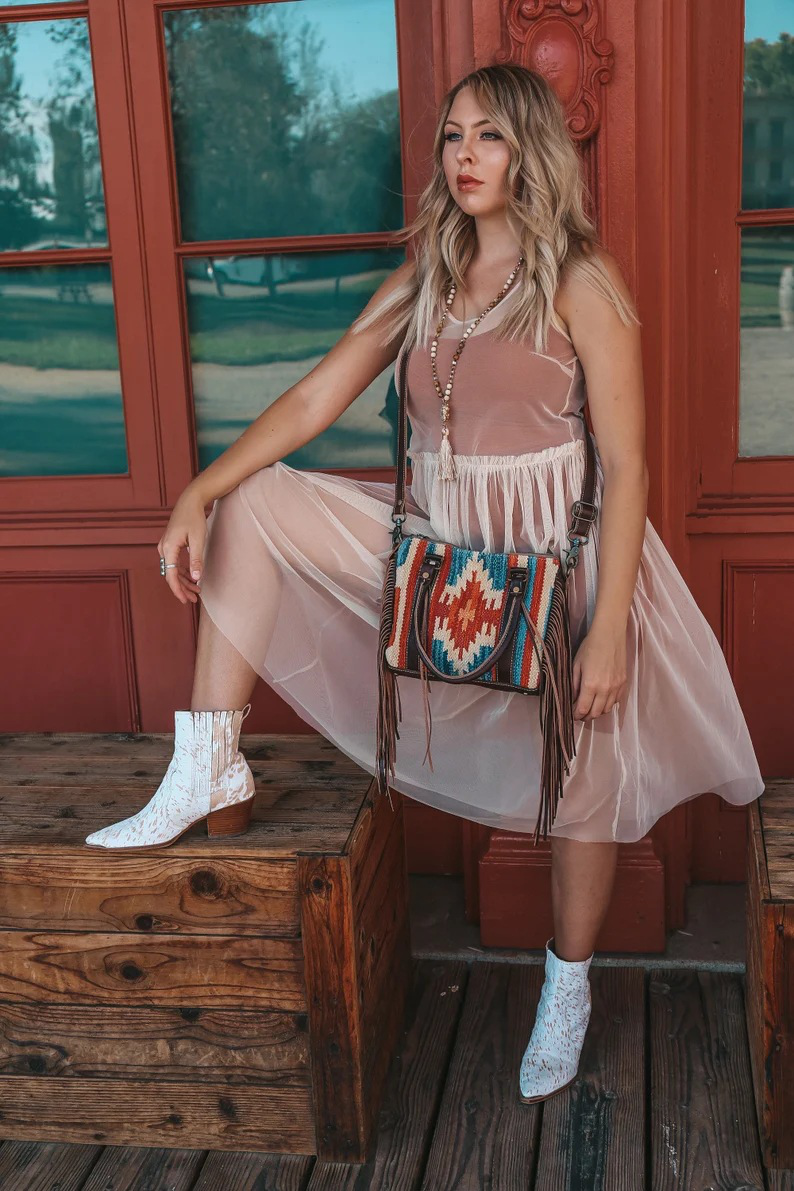 Retro Linen Cotton Fringe Print Crossbody Bag