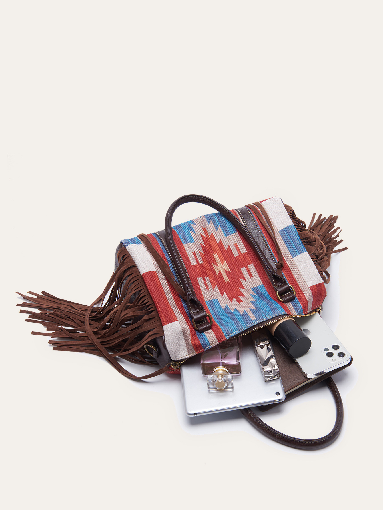 Retro Linen Cotton Fringe Print Crossbody Bag