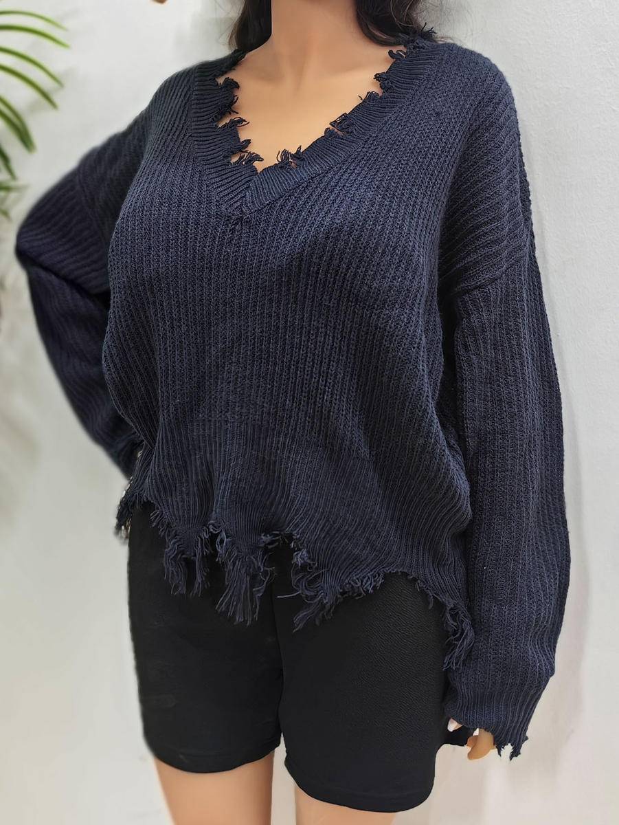 Solid Plus Size V Neck Long Sleeve Raw Hem Sweater