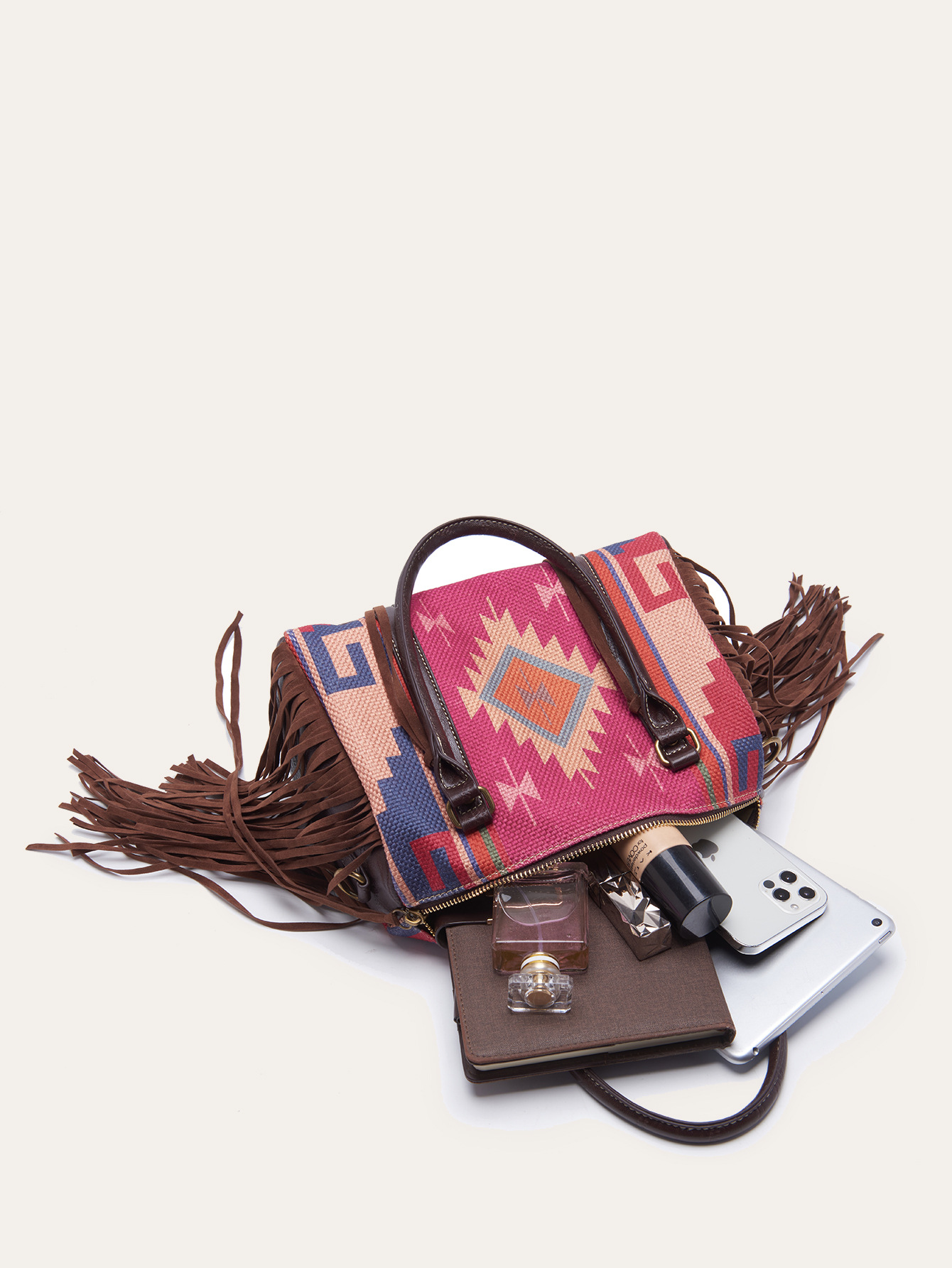 Retro Linen Cotton Fringe Print Crossbody Bag