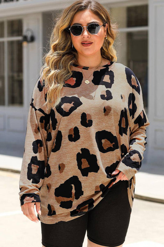 Multicolor Leopard Print Long Sleeve Plus Size T-Shirt