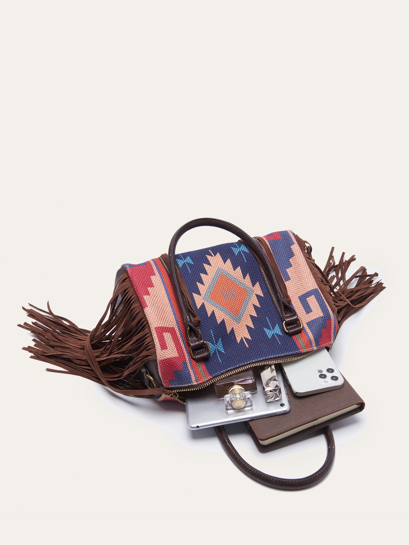 Retro Linen Cotton Fringe Print Crossbody Bag