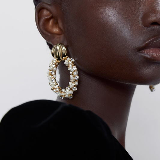 Women's Retro Oval Rhinestone Pearl Earrings